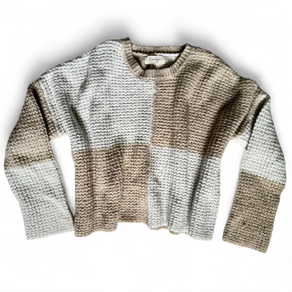 Jessica Simpson tan and cream checker block waist length loose fit knit sweater